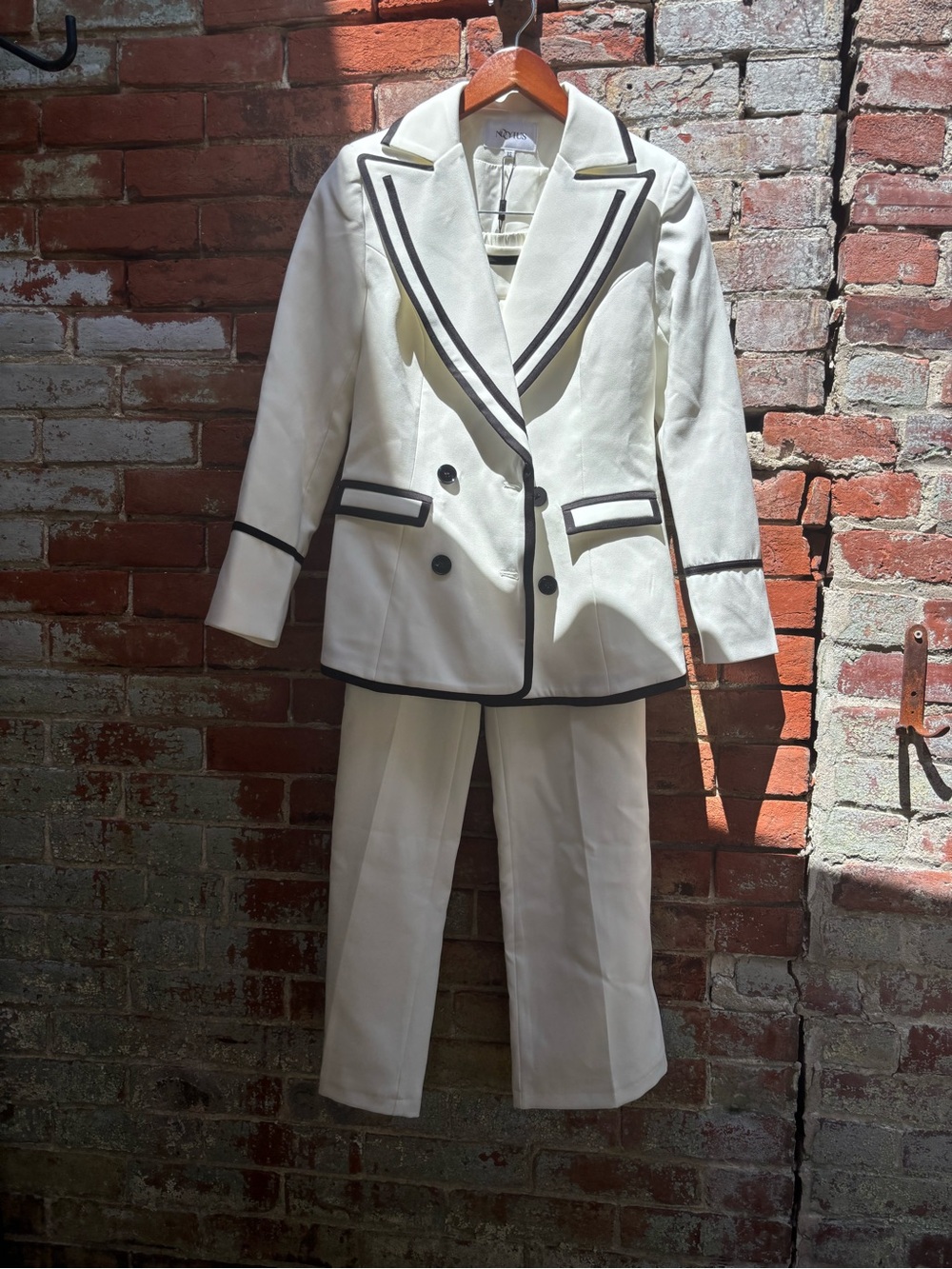 Cream Double-Breasted Pantsuit with Black Piping